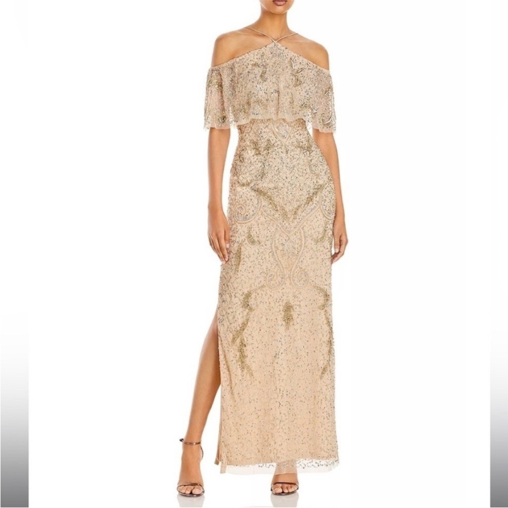 Aidan Mattox Cold Shoulder Gown  Gold Beaded Halter
